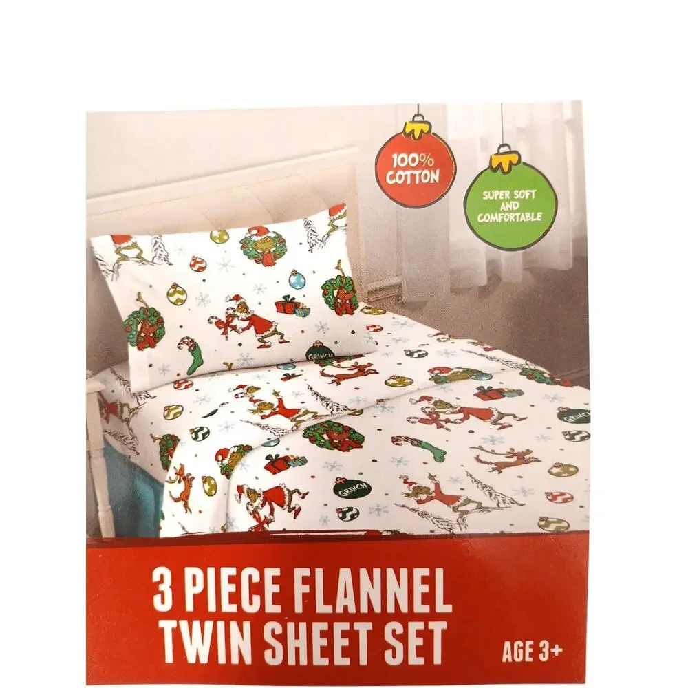 THE GRINCH Christmas SHEET Set TWIN Flannel 100% Cotton 3‎ Pc Holiday Warm New